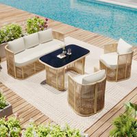 Salotto da Giardino 5 Posti in Metallo e Rattan PE con Tavolo, Divano, 2 Poltrone e Cuscini Spessi, Beige