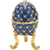 Œuf décoratif en alliage de zinc avec couvercle articulé, bleu, sur trépied doré - Boîte à bijoux, bague, figurine de collection
