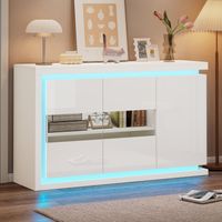 Credenza moderna per soggiorno 140 x 40 x 84 cm, 4 scomparti, mobiletto portaoggetti lucido con LED, ante in vetro temperato, bianco