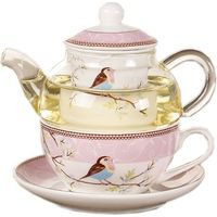 1 théière céramique fleurie, motif oiseau et fleurs, tasse + soucoupe en verre résistant à la chaleur, service à thé après-midi