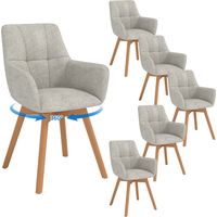 Lot de 6 Chaises de Salle à Manger Pivotantes 360°, Accoudoirs et Pieds Bois, Dossier en Fausse Laine d’Agneau.Gris Clair.