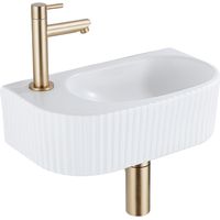 QeramiQ Fuente Ensemble de lavabo - 40x21.5x12cm - gauche - nervuré - demi-rond - 1 trou de robinet - céramique - robinet de lave-mains laiton brossé