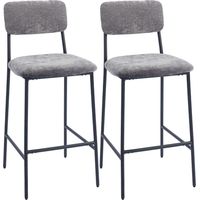 Ensemble de 2 tabourets de bar hauts rembourrés tissu avec dossier et repose-pieds structure acier chaises cuisine salon gris