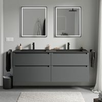 BERNSTEIN - Meuble double vasque suspendu MDF Anthracite mat, lavabos fonte Noir mat + trous robinet, tiroirs pivotants - 160x46x62cm - VIREO