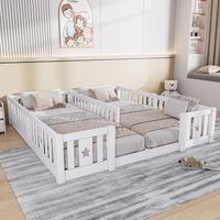 Kinderbett 180x200 cm, bodennahes Einzelbett mit Rausfallschutz und Sternendesign, modern, Holz, Weiß