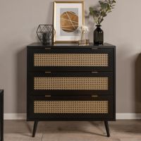 CALICOSY - Commode 3 Tiroirs Impression Cannage et Noir L80 x H80 cm - VILLA