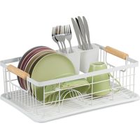 Relaxdays Secaplatos, con Cesto de Cubiertos y Bandeja de Goteo, Escurridor Platos de Plástico, Metal, en Color Blanco