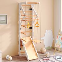 Estructura de escalada multifuncional 6 en 1 con pared de escalada madera contrachapada madera maciza y haya 50 kg tobogán columpio escalera de escalada estructura de escalada zona de dominadas anilla