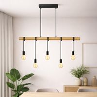 B.K.Licht Suspension Luminaire Industriel I Plafonnier lustre en Bois E27 I noir mat I Lustre vintage I plafonnier rétro I sans ampoule I pour salon, salle à manger