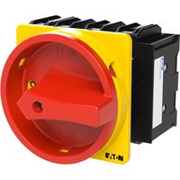 Eaton Interruptor principal, P3, 63 A, empotrado, 3 polos + N, 1 NA, 1 NC, función PARADA DE EMERGENCIA, con empuñadura giratoria roja y collarín de bloqueo amarillo, bloqueable en posición 0, 067351