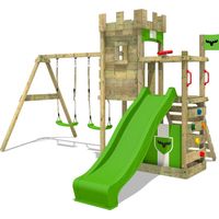 FATMOOSE Wooden climbing frame BoldBaron with swing set and apple green slide, Knight's playhouse with sandpit, climbing ladder & play-accessories