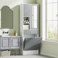 Meuble de salle de bain avec panier à linge et miroir, étagère réglable, 62 x 28,3 x 181 cm, gris et blanc