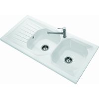 Villeroy & Boch – Évier 2 bacs en céramique blanc brillant – Dimensions 120x60 cm – Avec égouttoir et bonde inox – Installation en saillie