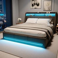 Structure de lit 140x190 cm, Lit coffre 140x190 cm avec coffre de rangement, Lit adulte avec eclairage LED et USB, 2 Personnes, Gris