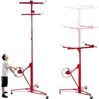 Lève-plaque Placo 3m50 Acier Rouge, Lève-panneau Pliable Charge Max 68kg, Monte-plaque Inclinable 60° avec 3 Roues Freinées, 124x137x140 cm