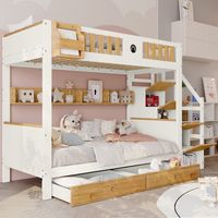 Litera 90×200 cm, Cama Individual con Escalera con Almacenaje, 4 Armarios, 2 Cajones y Estantes, sin Colchón, Blanco y Natural