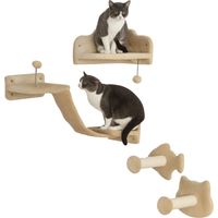 Rascador de Pared para Gatos con 2 Postes de Sisal Plataforma Doble con Escalera Suave y 1 Plataforma para Saltar Beige