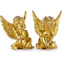 Ensemble de 2 statues d'anges en résine dorée, statue de chérubin endormi pour la décoration intérieure et extérieure (10,2 cm de hauteur) (Or)