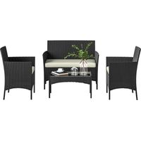 Canapé jardin ratan synthétique noir crème avec table verre trempé et coussins 6 places