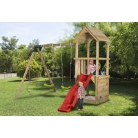 Aire de jeux en bois enfants 3-12 ans, toboggan rouge, 2 balancoires, bac a sable et mur d’escalade