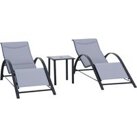 Set di 2 Lettini Prendisole e Tavolino con Piano in Vetro, 59x169x66 cm, Grigio Chiaro