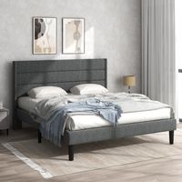 Letto imbottito 140 x 200 cm, giroletto con rete a doghe e testiera, letto matrimoniale imbottito, rivestimento tessile in lino grigio scuro, design moderno e senza tempo, letto per adolescenti.