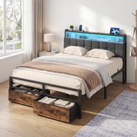 Vasagle – Lit double 140 x 190 cm avec tiroirs de rangement – Cadre métallique noir et marron – Tête de lit rembourrée avec éclairage LED