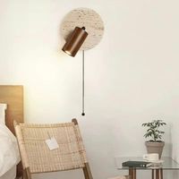 Lampada da parete per interni — Travertino giallo caldo, attacco E27, faretto da parete rotondo, luce da lettura con interruttore a tirante