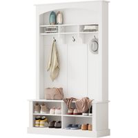Garderobe mit Sitzbank und 3 Haken, 4 Offene Ablagen, Verstellbare Einlegeböden, Moderner Stil, aus Spanplatte, Weiß, 120×40×190 cm