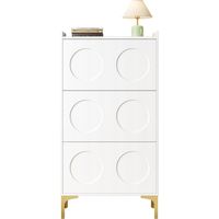Meuble à chaussures blanc moderne, lumineux et luxueux. Conception à trois niveaux offrant un grand espace de rangement, pieds en métal robustes, solution de rangement peu encombrante pour l'entrée.