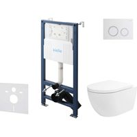 kielle Genesis New - Conjunto de instalación empotrada, inodoro Oudee, Vortex Rimless+, asiento softclose y pulsador Gemini New II, blanco brillante/cromo 30528SS22