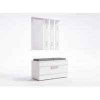 KHATI Mueble entrada espejo + banco Dimensiones 41x85x180 Banco de almacenamiento de zapatos 6 ganchos Vestuario