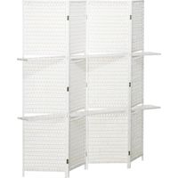 Paravent 4-teilig 181 x 180 cm Faltbar Raumteiler mit 2 Regalen aus Kiefern, Bambus für Schlafzimmer, Weiß