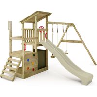 Fatmoose – Aire de jeux en bois avec balançoire double et toboggan à vagues 220 cm – Bois massif traité – Pour enfants jusqu'à 50 kg par siège