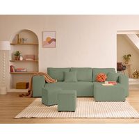 Topaze - 4-sitzer ecksofa beidseitig montierbar - schlaffunktion und bettkasten, tablet und poufs - aus cordstoff - salbeigrün