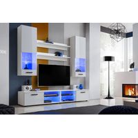 Komodee, Ensembles de Meubles RTV Varallo, Blanc/Blanc, Largeur 200cm x Hauteur 195cm x Profondeur 45cm, LED Bleues, pour Salon, Chambre