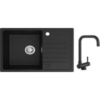 Lavello da cucina Cecipa 1 vasca con gocciolatoio, lavello da cucina in quarzo e resina 78x45 cm Lavello nero di grande capacità + rubinetto da cucina pieghevole Miscelatore pieghevole sotto finestra