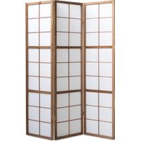 Pegane – Paravent japonais en bois brun 3 pans – Structure en bois verni – Charnières double sens – Panneaux avec quadrillage et papier de riz