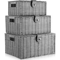 Set di 3 Cestini Portaoggetti Multiuso con Coperchio Cestino Organizzare Intrecciato per Bagno Soggiorno Grigio