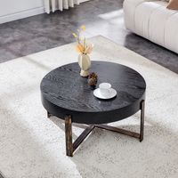 Runder Couchtisch mit natürlicher Holzoptik, antik bronzenem X-förmigem Metallgestell, MDF-Platte