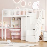 Lit Mezzanine 90x200 cm avec Rangements Intégrés - Penderie + Bureau + Étagères + Escalier Tiroirs - Structure Pin Massif - Blanc