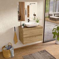 BELLOBATH - Meuble de Salle de Bain avec Plan Vasque en Céramique et Miroir, Meuble Monté et 2 Tiroirs, 80 x 55 x 46 cm, Meuble Blanc et Plan Chêne