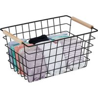 Relaxdays Panier fil métallique, poignée en bois, carrée, design bois, vêtements, accessoires, HlP 16x31x21 cm,noir