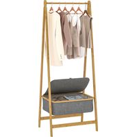 Burro para Ropa Plegable de Bambú con Cesta de Tela con Tapa para Recibidor Entrada Dormitorio 60x44,5x157,5 cm Gris