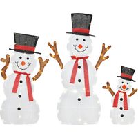 3-teilige weihnachtliche Schneemann-Familie, Außendekoration, LED-Lichter, Bodenpfähle, wasserfest, Stahl, Polyester, Weiß