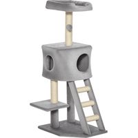 Kratzbaum 120 cm Katzenturm mit Höhle, Spielball, Sisalstämme, Plattform, Treppe, mehrstöckiger Katzenkratzbaum, Kletterbaum für Katzen, Hellgrau