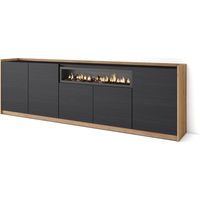 Skraut Home - Aparadores para salón, 260x37x80cm, 5 Puertas, Chimenea eléctrica, Negro y roble