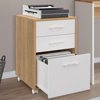 Pedestal de escritorio JON con soporte para impresora de 3 cajones, madera y blanco