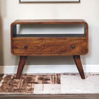 Solid Wood Mini Chestnut Curved Media Unit, 1 Drawer, 1 Open Slot, Brown