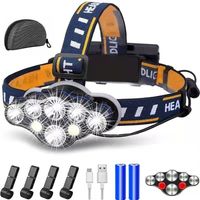 Lampe frontale LED rechargeable, lampe frontale ultra puissante à 8 LED de 2000 lumens, étanche et légère, parfaite pour le camping, la pêche, la spéléologie, le jogging et la randonnée [Classe énergé